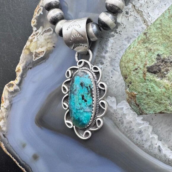 Sterling Silver Southwestern Style Oval Turquoise Decorated Pendant For Women - Picture 5 of 10